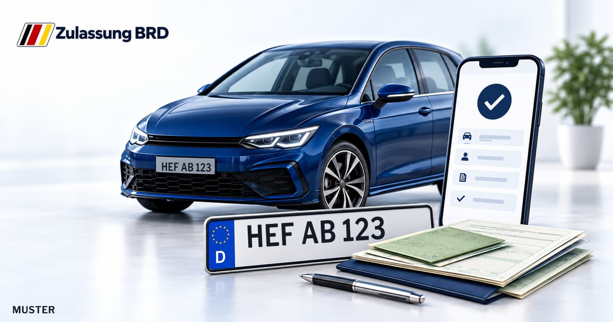 Online Fahrzeugzulassung in Rotenburg a.d.Fulda: Musterkennzeichen HEF AB 123, Auto und Fahrzeugpapiere und Smartphone. Illustration mit Logo von Zulassung BRD.